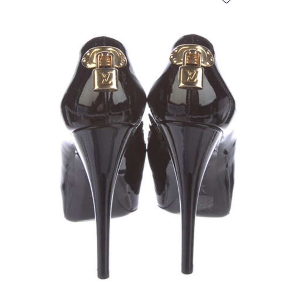 Louis Vuitton black patent leather peep toe platform stiletto